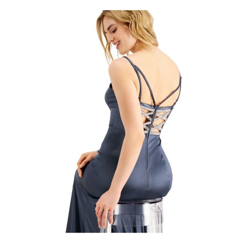 NWT TEEZE ME Womens Mermaid Dress Gray Spaghetti Strap Back Juniors 3\4 - Picture 3 of 5